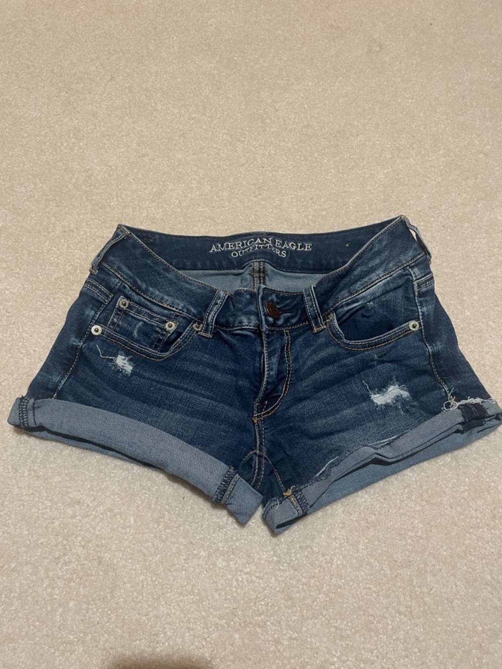 American Eagle Outfitters Dark Blue Distressed Cuffed Denim Shorts
